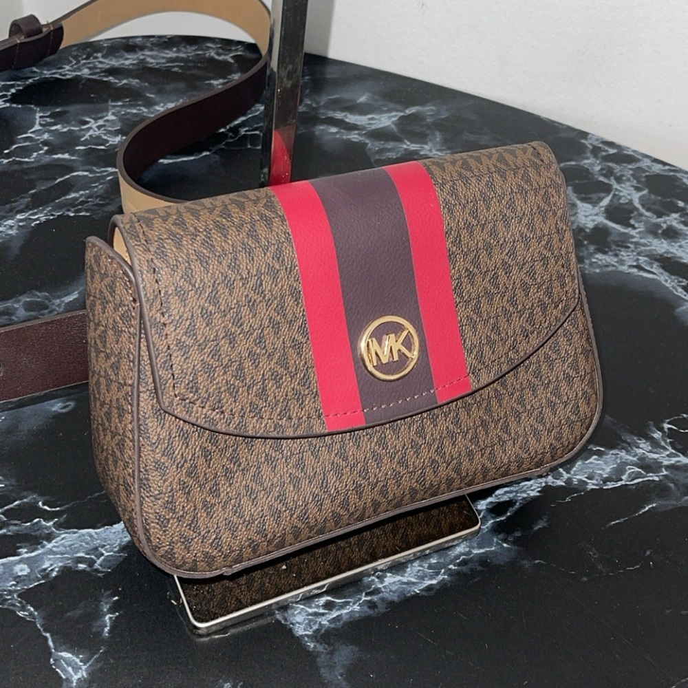 Michael Kors Brown Signature Leather Stripe Waist Fanny Belt Bag S/M